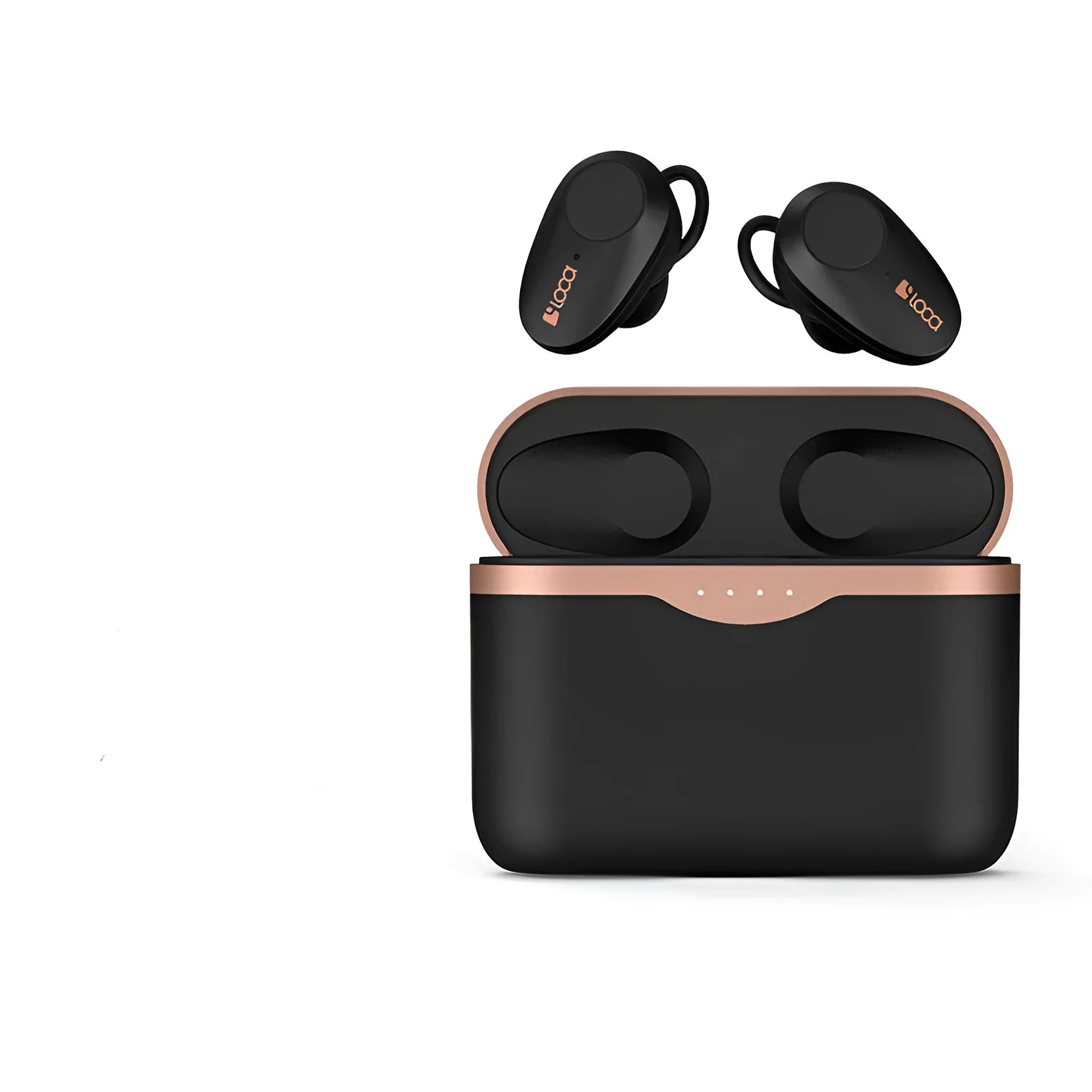Black wireless Bluetooth earbuds with charging stand featuring ANC and 10m range.