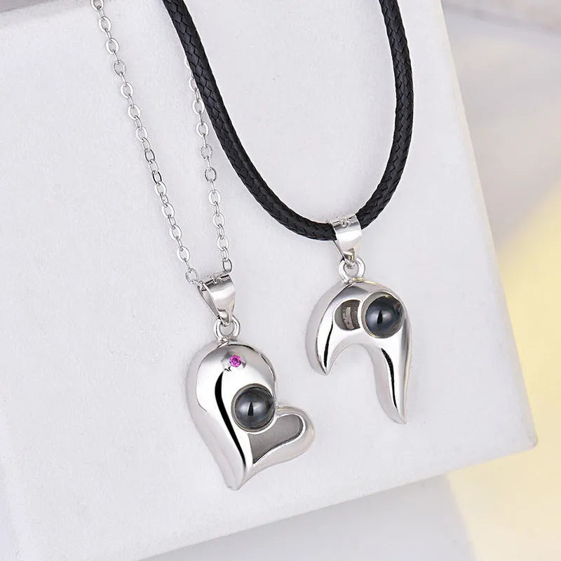 925 silver heart-shaped photo projection couple necklace with silver finish