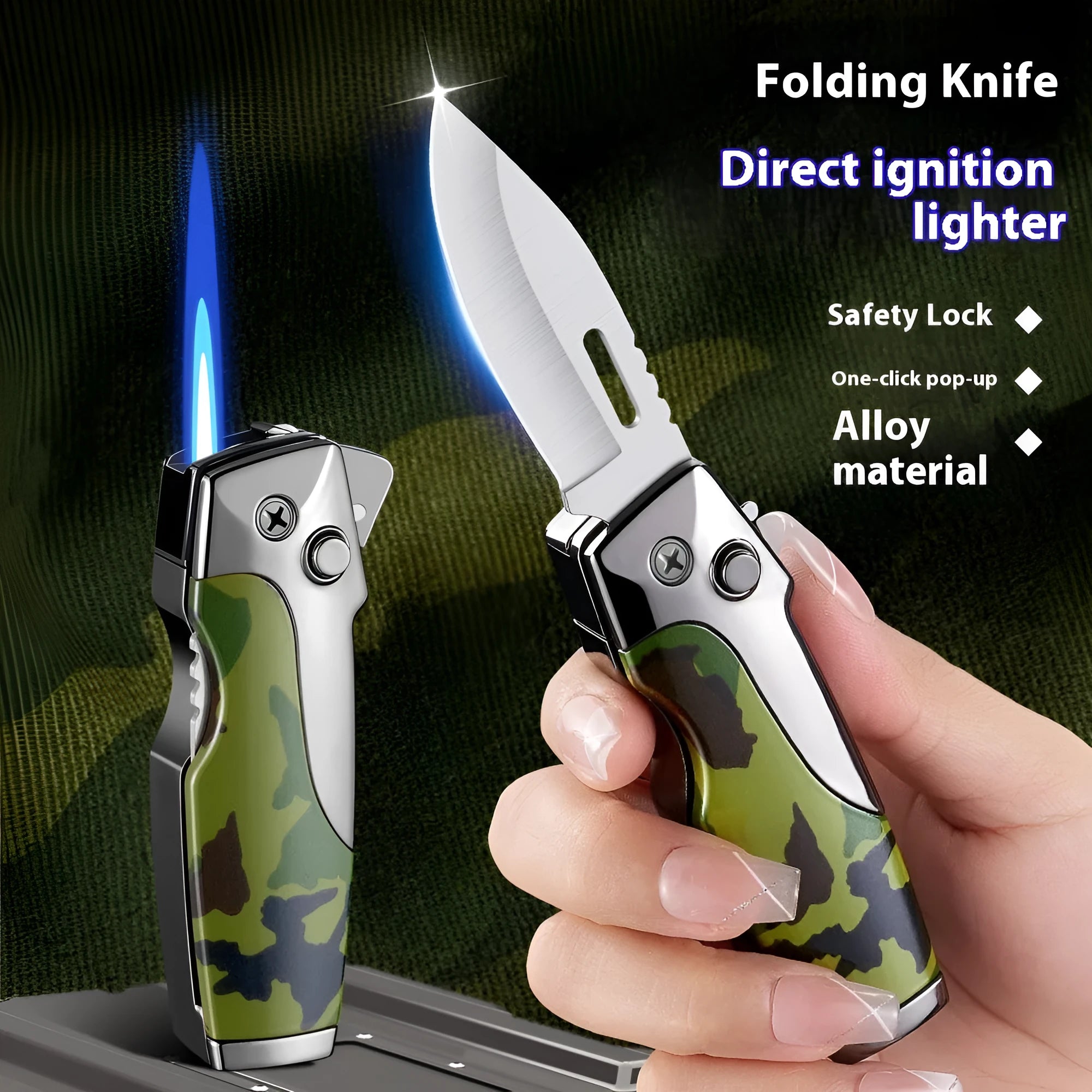 Metal folding lighter with integrated knife blade showing wood grain finish and one-click unfolding mechanism