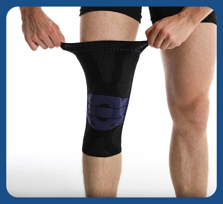 Black and blue adult sports knee pad made of nylon and spandex for basketball and running.