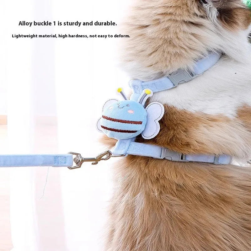 Pink bee-shaped adjustable cat tether rope with strap for outdoor use.