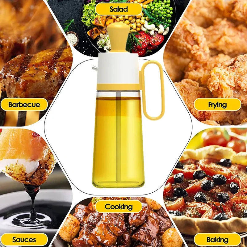 2 in 1 oil dispenser with silicone brush, 550ml soda glass bottle, 304 stainless steel nozzle, yellow green brown