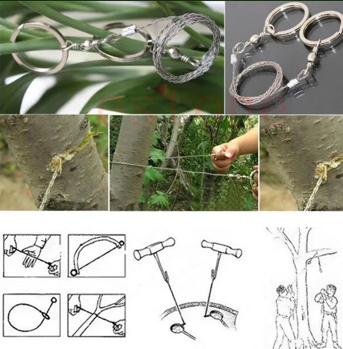 Survival wire saw with stainless steel blade and thumb rings for outdoor cutting tasks
