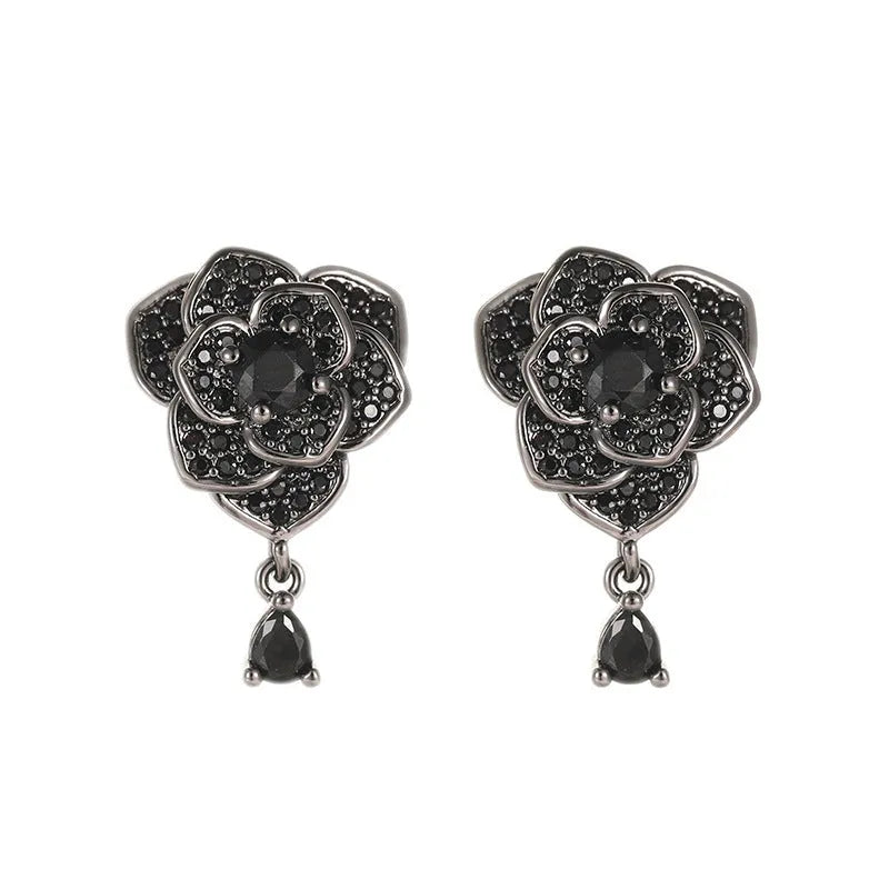 Black rose flower-shaped stud earrings with zircon decorative accents for women