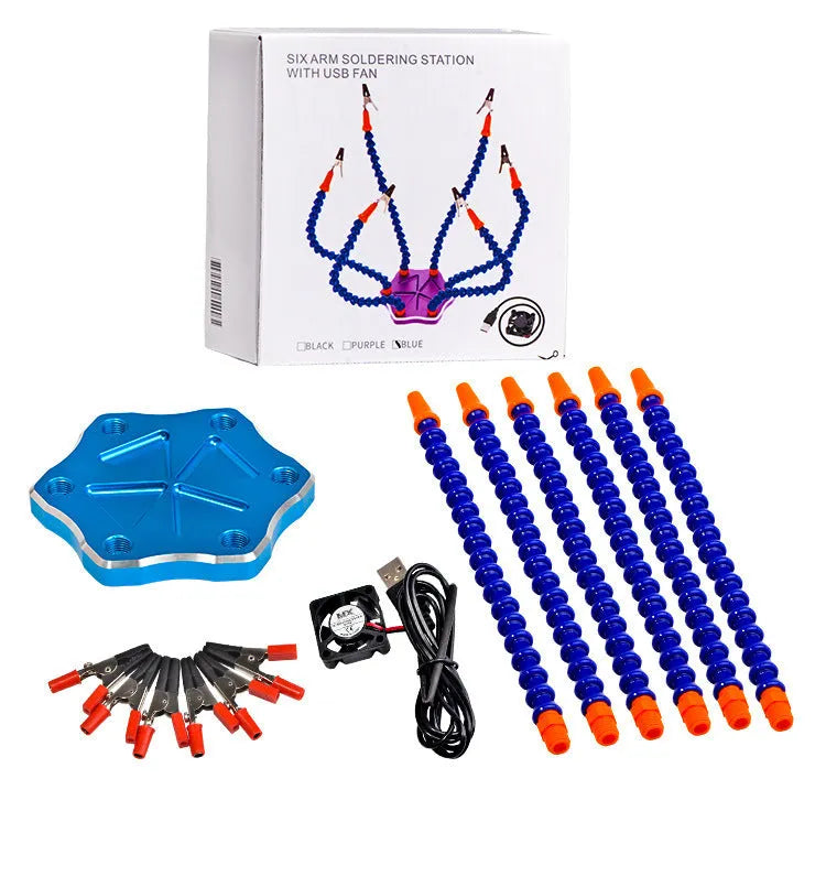 Black aluminium alloy six-jaw welding station with multiple adjustable arms on a non-slip base.
