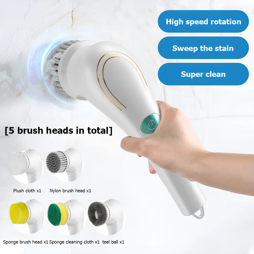 White cordless electric scrubber with five interchangeable brush heads on a kitchen counter