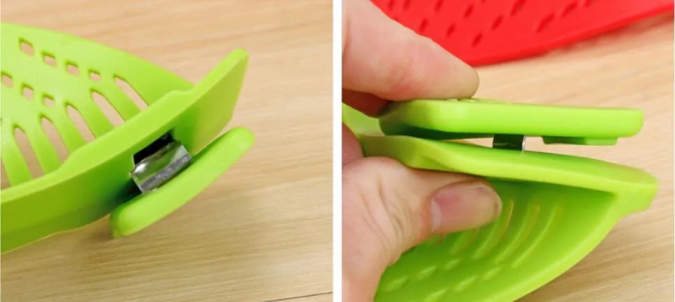 Silicone clip-on kitchen strainer with stainless steel mesh attached to cooking pot