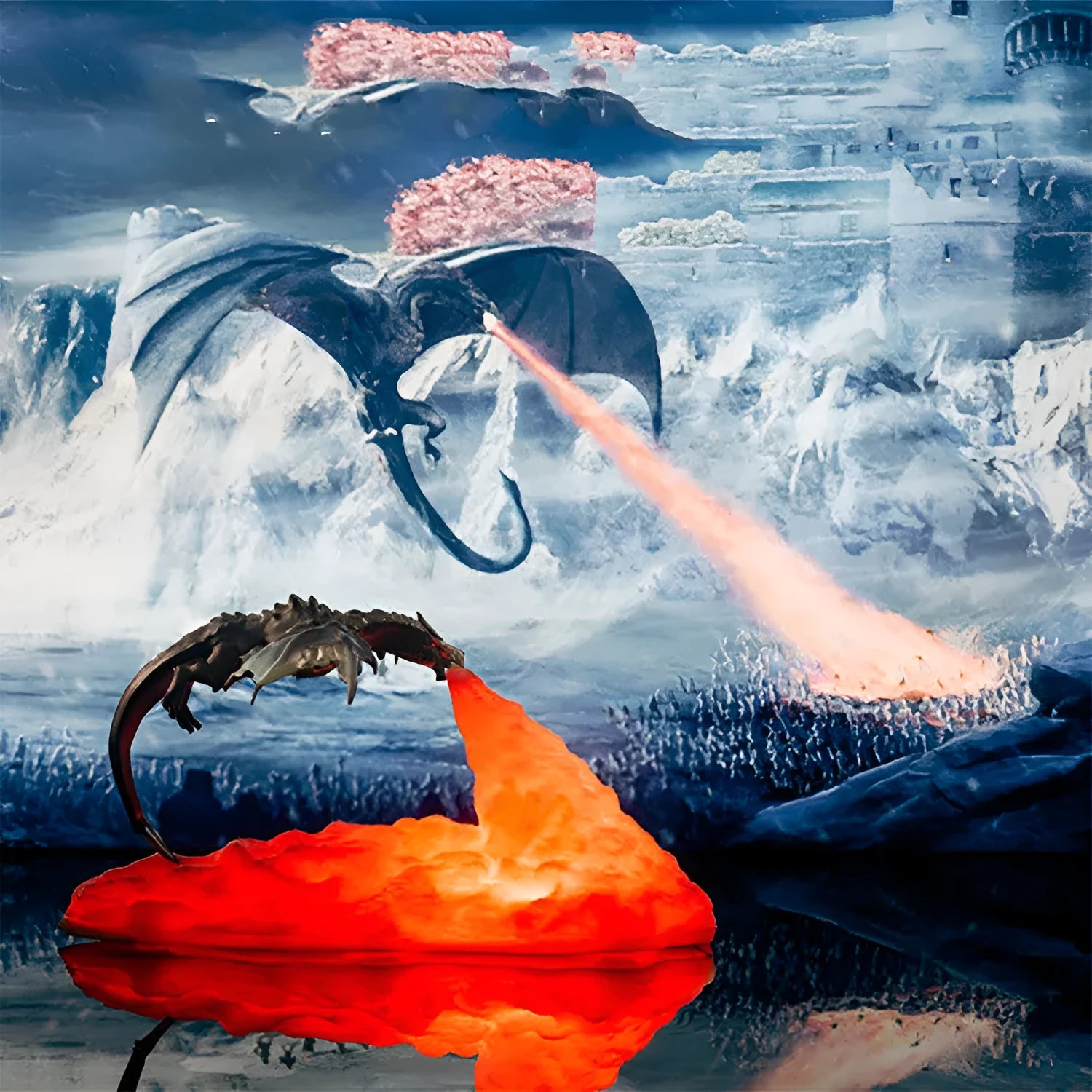 3D-printed red fire-breathing dragon decorative night light on a table