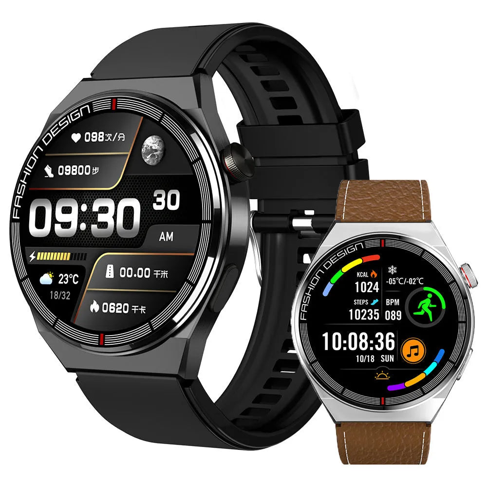 Black Bluetooth smartwatch with heart rate monitor on a silicone strap, showing its 1.28-inch touch screen.