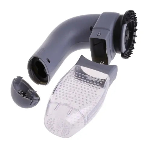 Grey portable electric pet hair vacuum cleaner with soft rubber grooming head.