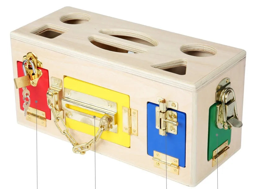 Wooden educational shape sorting lock box toy with coloured blocks for preschool children.