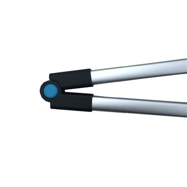 Blue foldable portable pickup trolley with aluminium frame shown extended and folded to 13cm width.