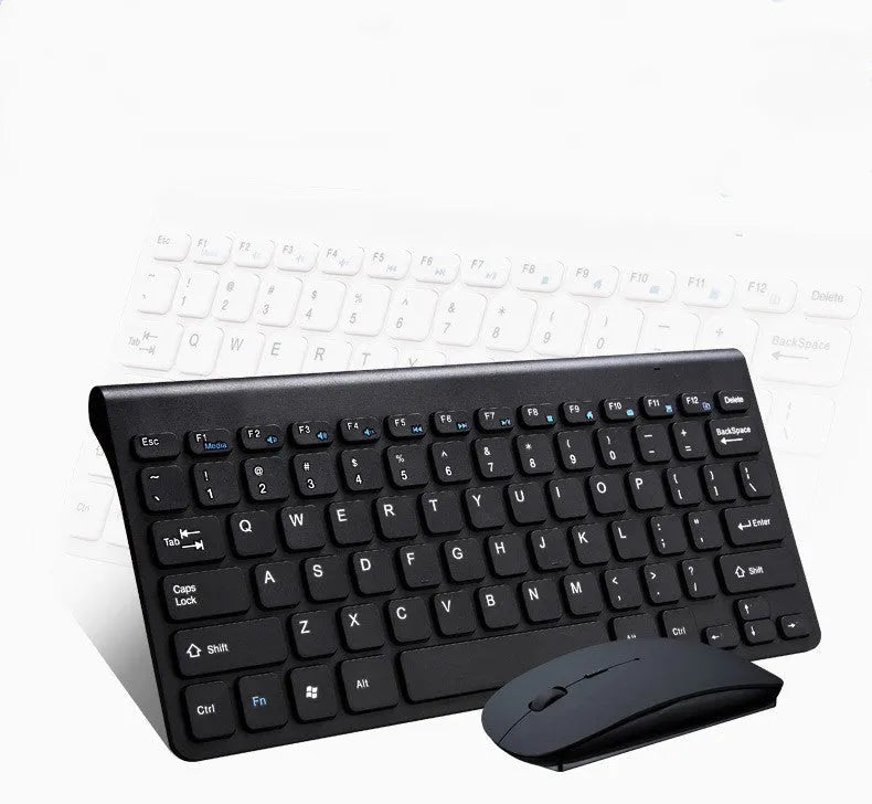 Black and white 2.4 GHz wireless keyboard and mouse set with USB receiver on a desk.