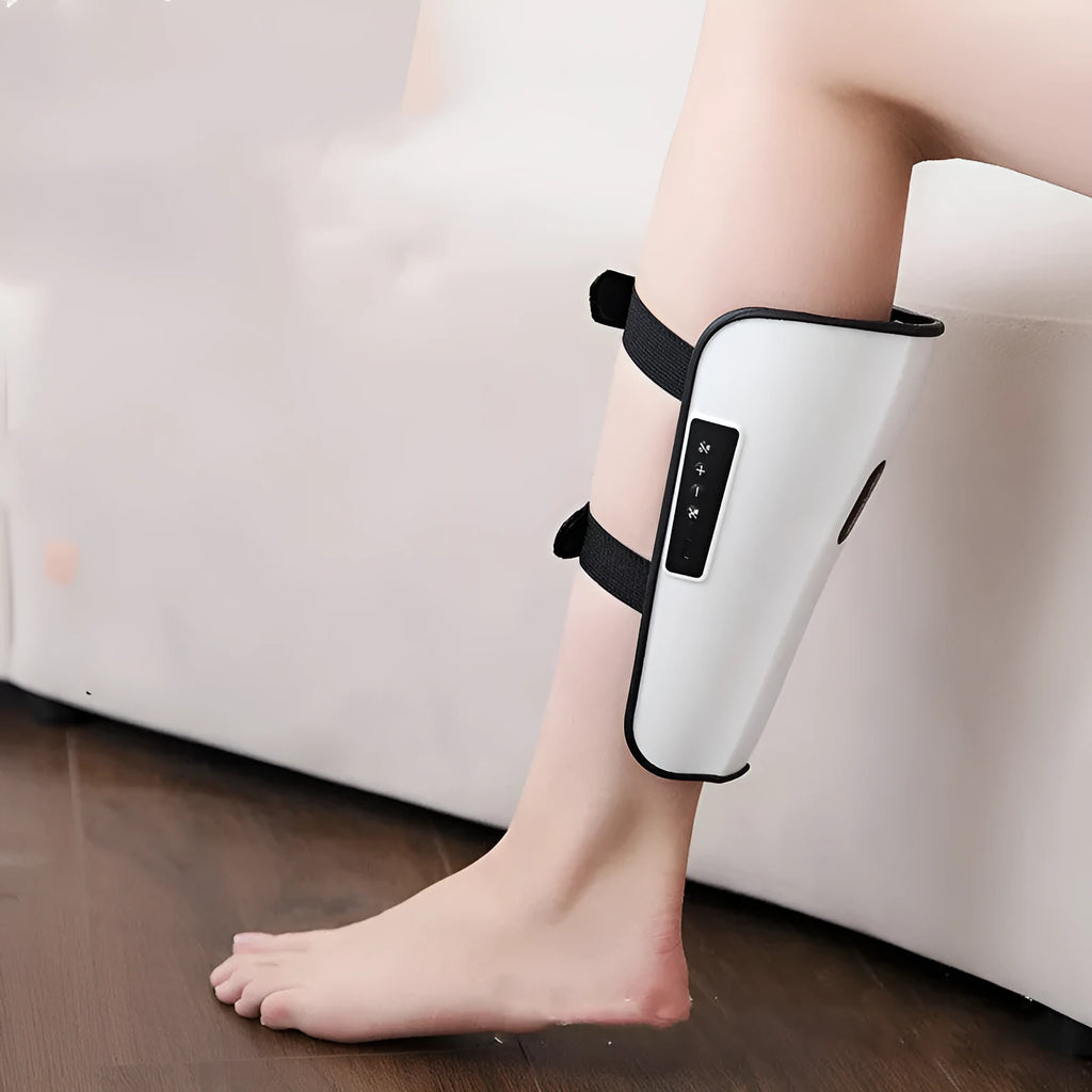 White plastic pulse calf massager with USB Type-C cable for electrotherapy and infrared physiotherapy