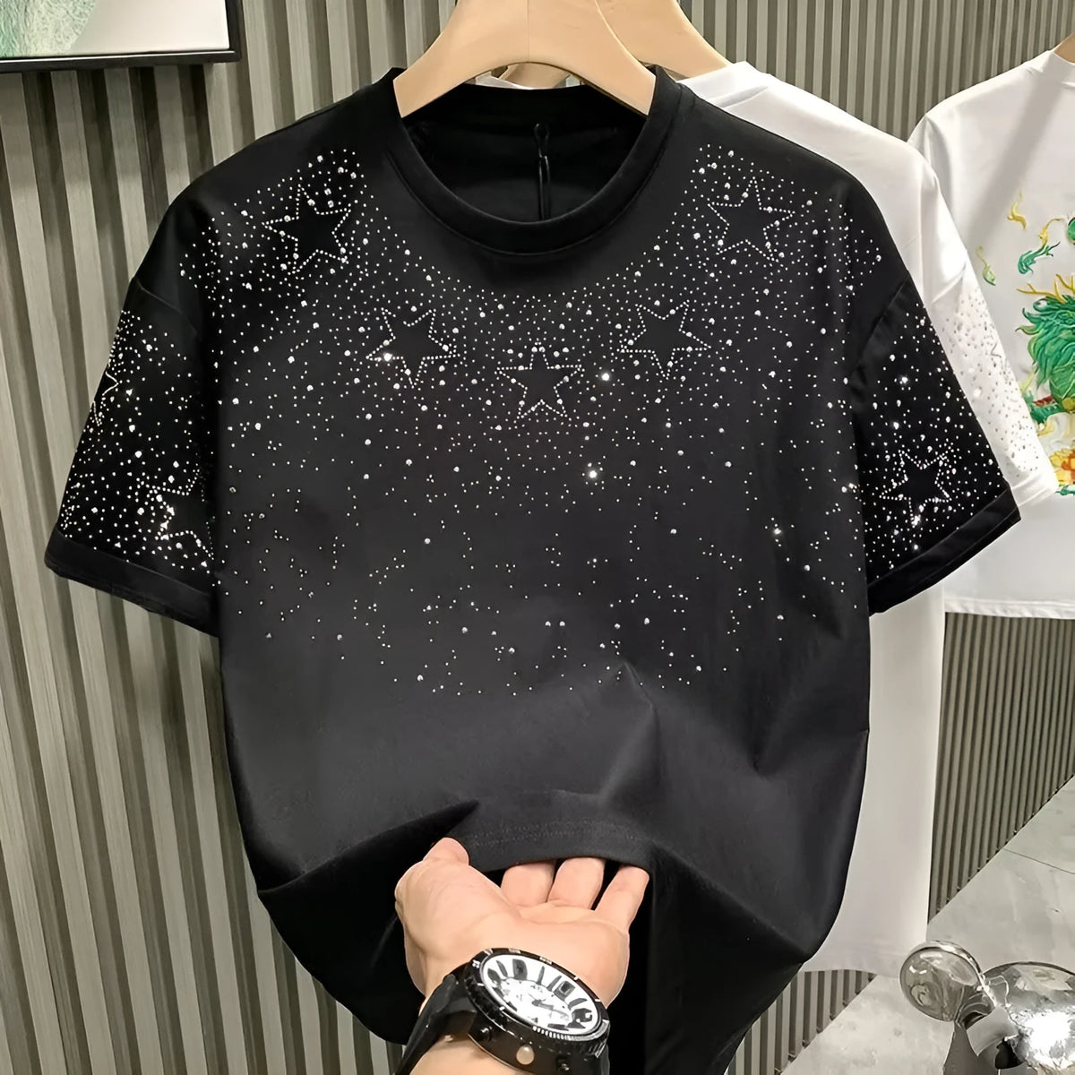 Men's polka dot short sleeve T-shirt in white or black, cotton blend, straight cut, sizes S to 5XL