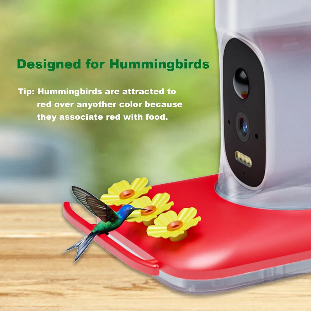 Red intelligent visual hummingbird feeder with 5MP HD camera, solar panel, honey container, straps and bracket