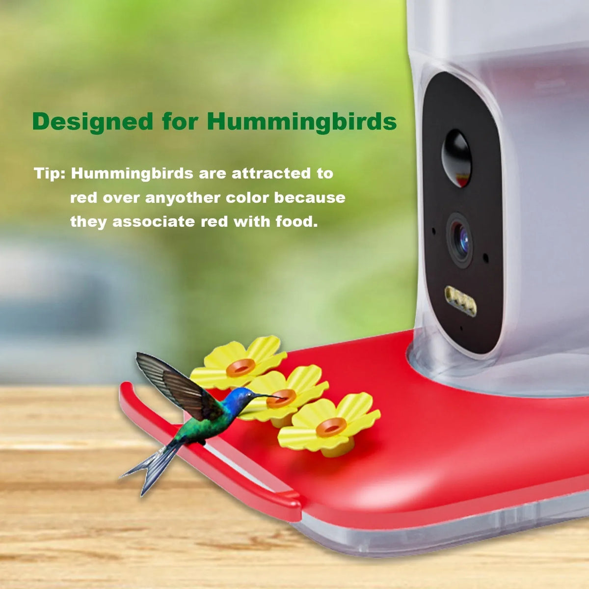 Red intelligent visual hummingbird feeder with 5MP HD camera, solar panel, honey container, straps and bracket
