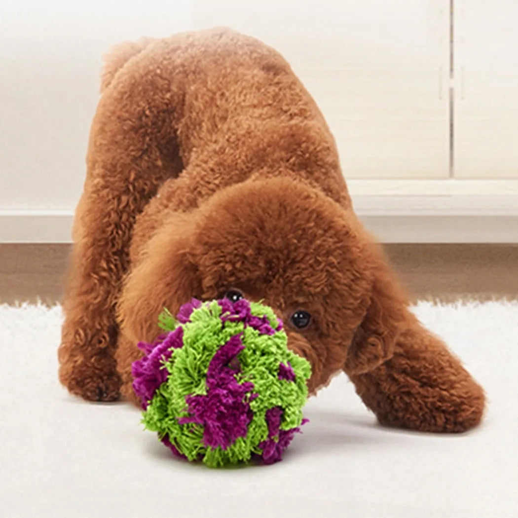 Purple soft plush dog knot ball toy with seaweed ball design measuring 15cm diameter
