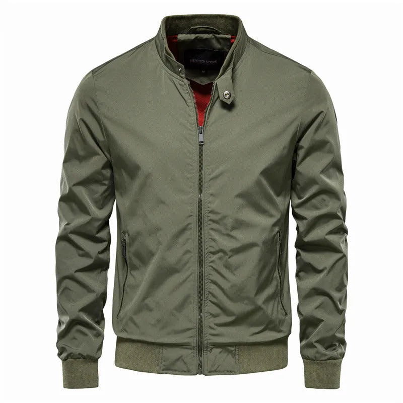 Men's solid colour thin casual jacket in polyester, shown in dark blue, on a hanger.
