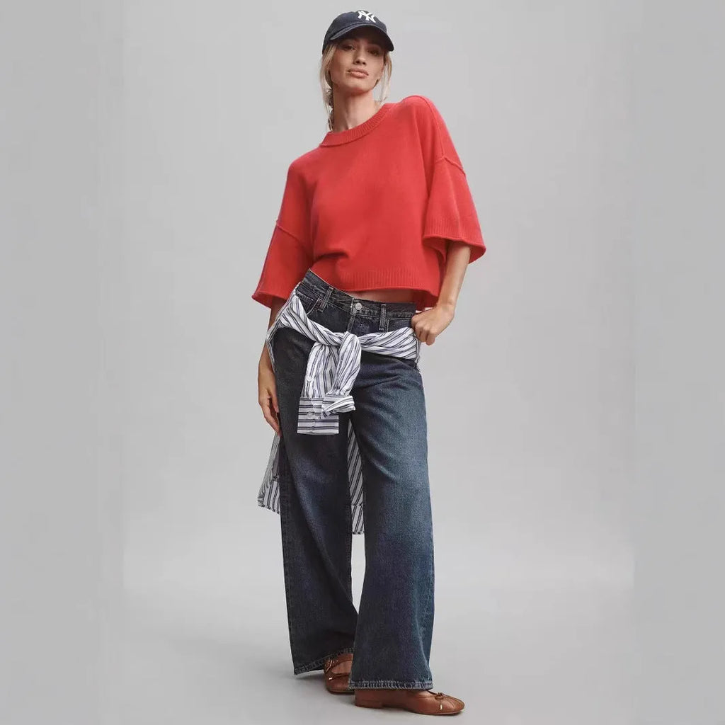 Red short viscose T-shirt with an exposed navel detail on a model, showing the regular sleeve and pullover style.