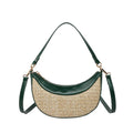 Women's straw crossbody dumpling bag in black colour with contrast stitching and organised internal compartments
