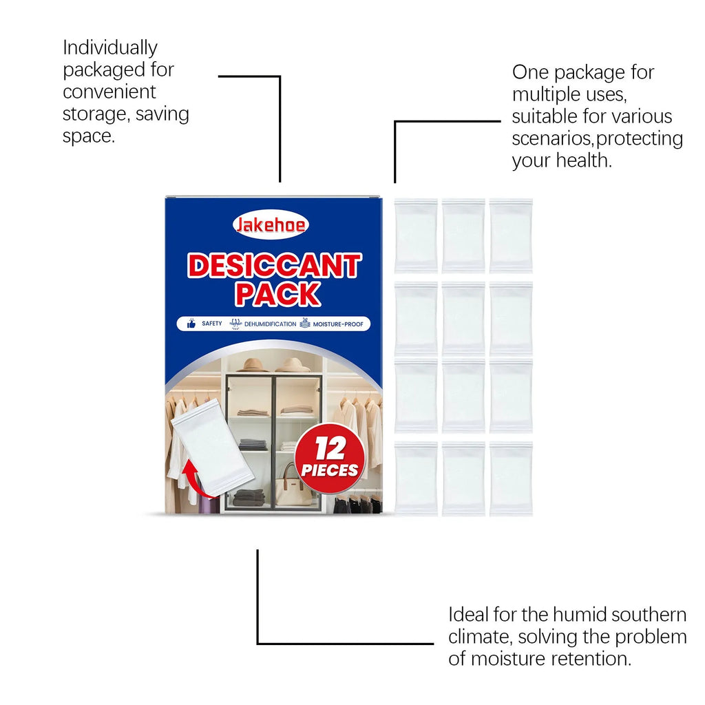 Pack of 12 white calcium chloride desiccant units for absorbing household moisture.