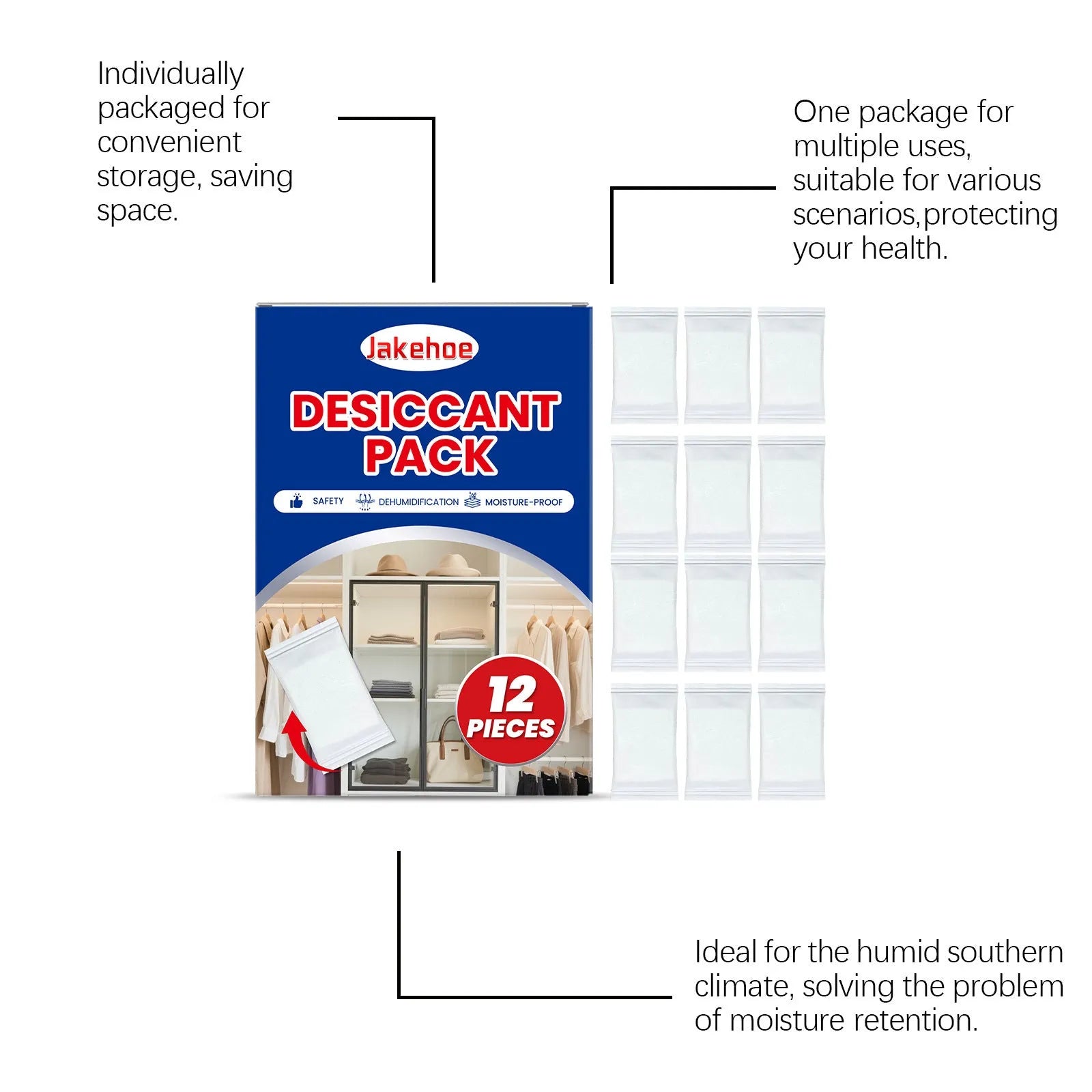 Pack of 12 white calcium chloride desiccant units for absorbing household moisture.