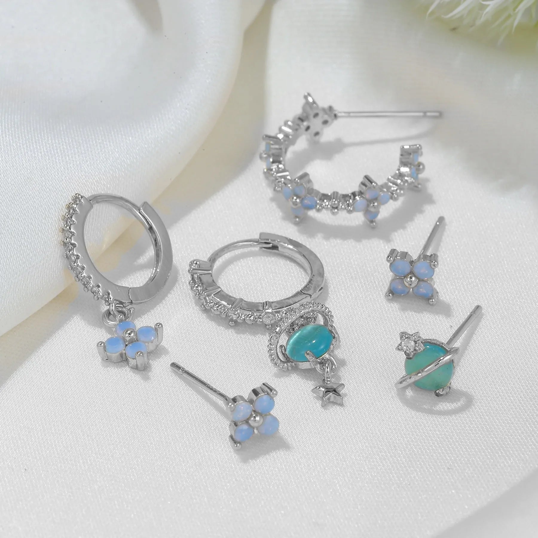 Gold or silver Japanese Korean style flower ear studs with zircon mosaic geometric design
