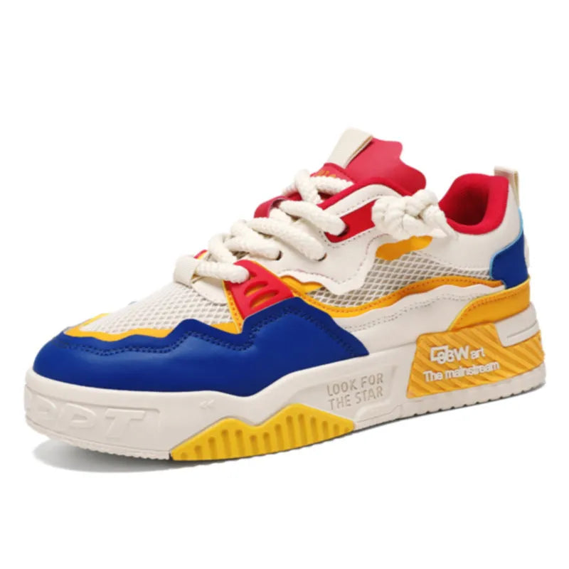 Men's low top white casual shoes with rubber sole and mesh lining in beige, black, or white and yellow.
