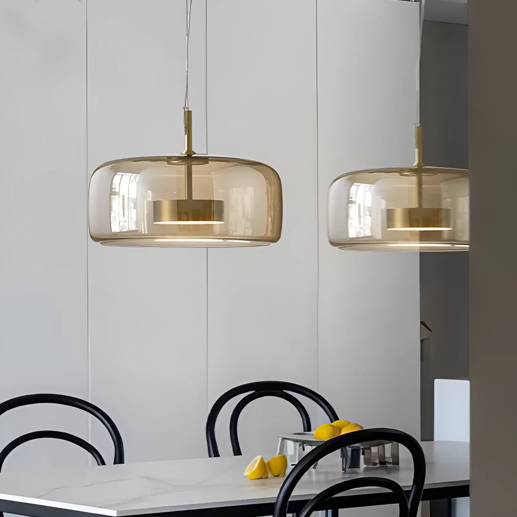 Single-head hanging glass pendant lamp with iron body, adjustable height 1.5m, clear shade, simple modern style