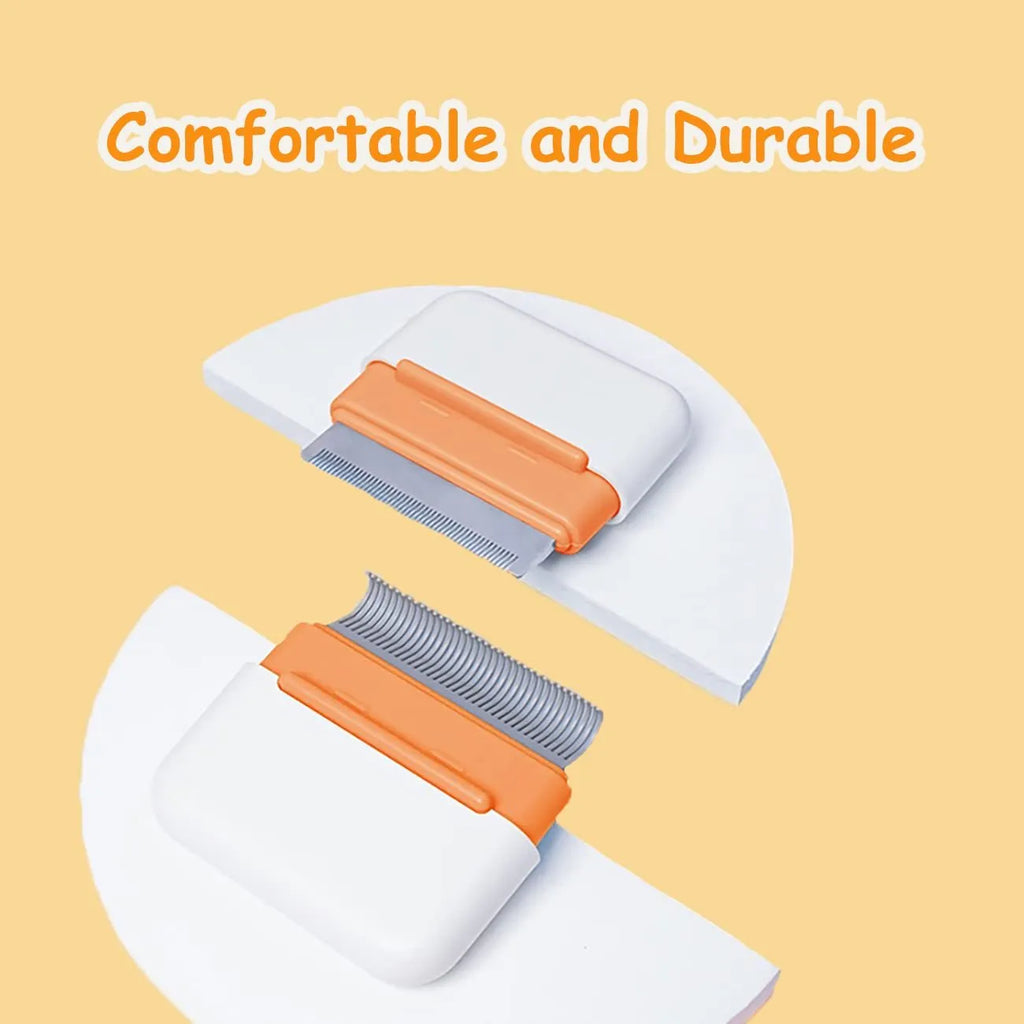 Blue double-sided pet grooming comb with stainless steel teeth on a wooden surface