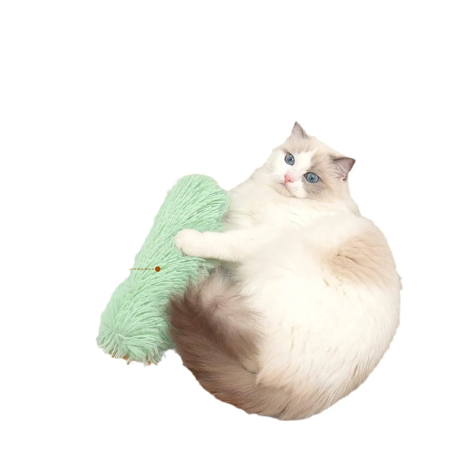 Plush cat toy pillow in blue, green, pink, or white colours measuring 27 by 10 centimetres