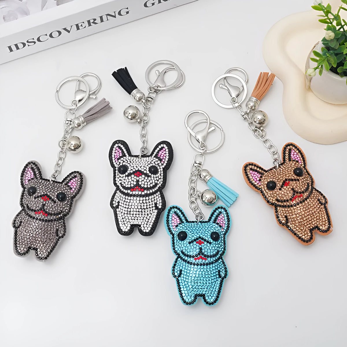 French dog cartoon design rhinestone keychain with alloy tassel pendant in caramel colour