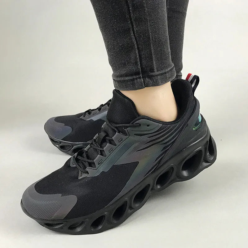 Breathable mesh men's casual sports shoes with lace-up front in black, white, or dark blue colours