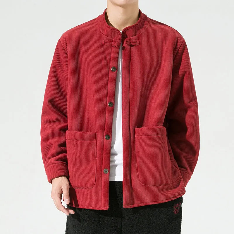 Men's hanfu stand collar buckle corduroy fleece jacket loose cardigan black wine red yellow