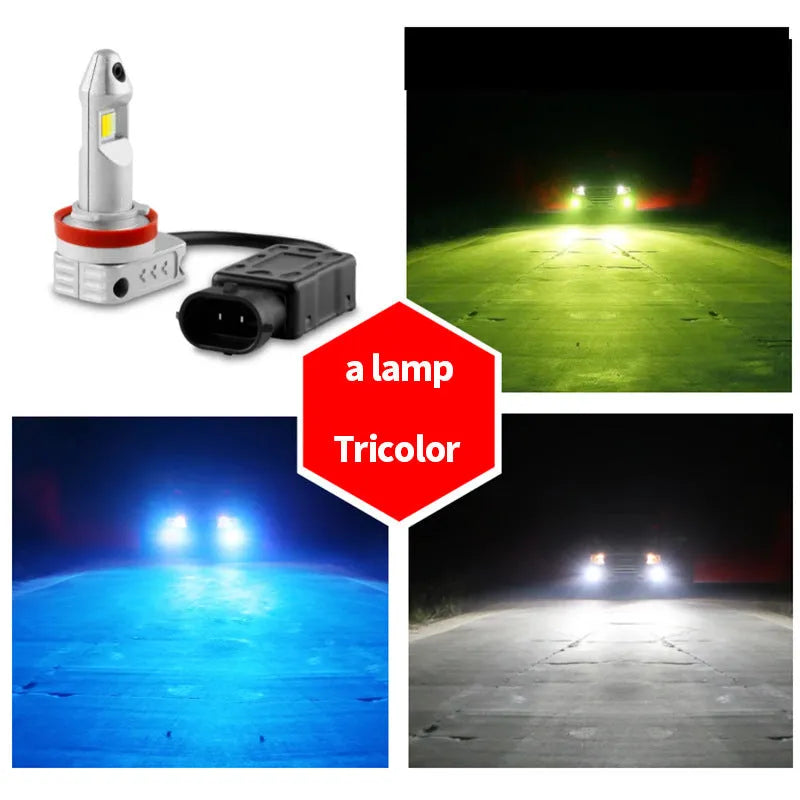 Super Stable LED car fog lamp bulb with aluminium housing and multiple connector types on white background.
