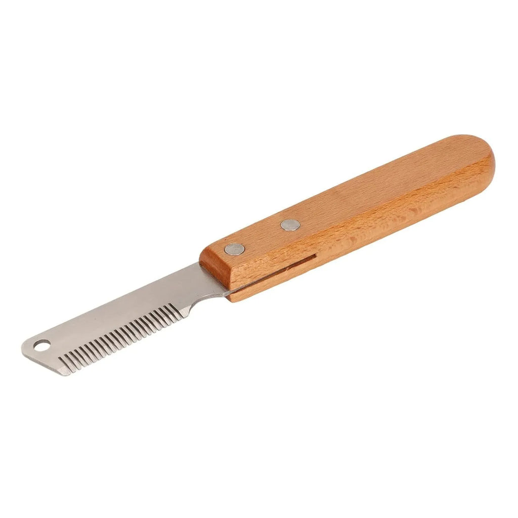 Wood handle pet stripping comb for grooming cats and dogs with metal fittings
