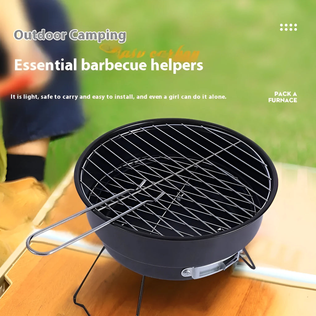Small outdoor folding round ice stove with barbecue grill, mesh, furnace leg, and carbon clip for 1-2 people