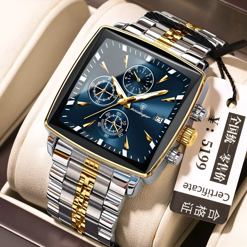 Square men's business watch with stainless steel strap and alloy case showing colour variations