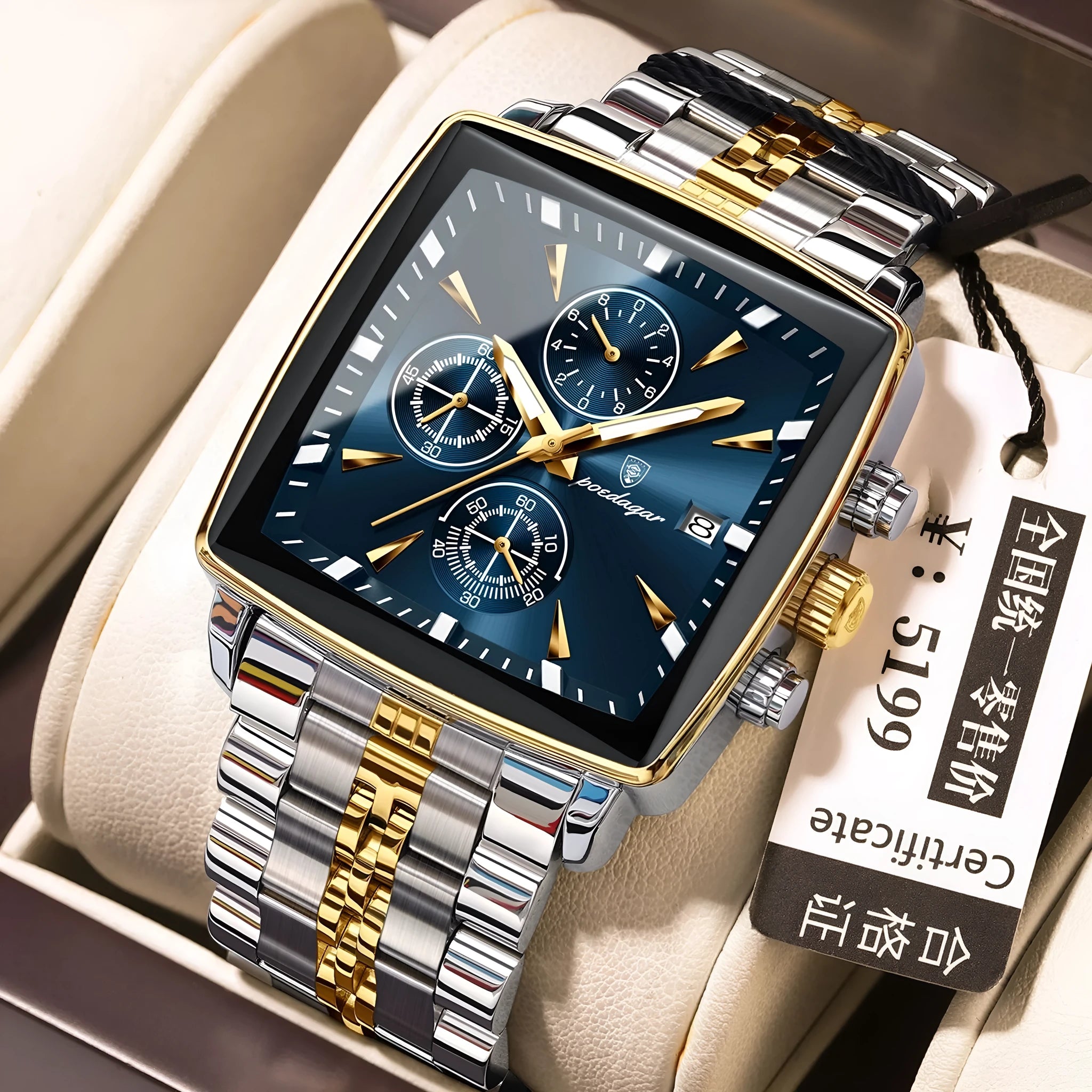 Square men's business watch with stainless steel strap and alloy case showing colour variations