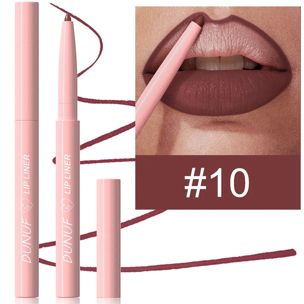 Velvet matte lip liner pencil shown in one of 12 available numbered shades.