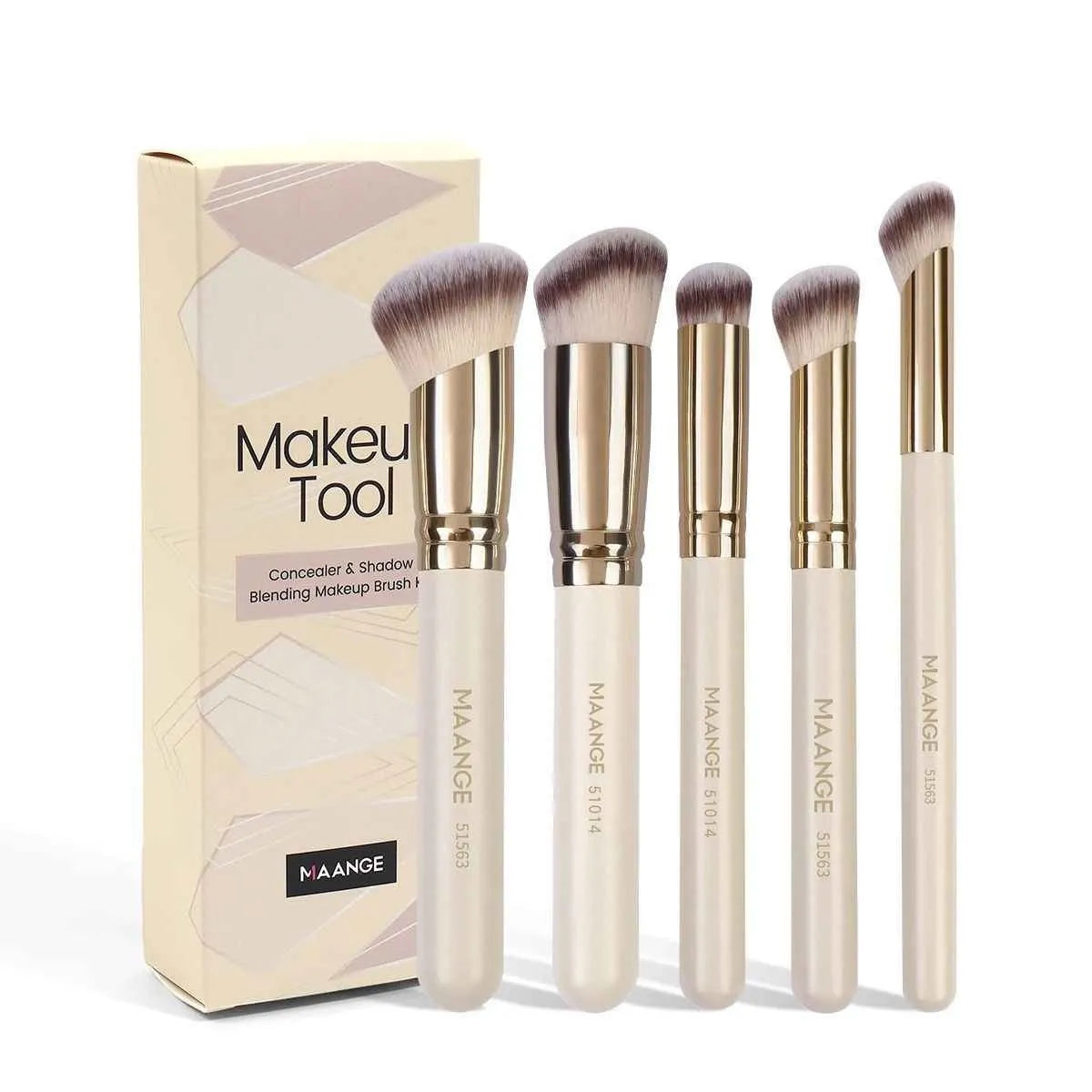 Five angled apricot makeup brushes for blush and contour application