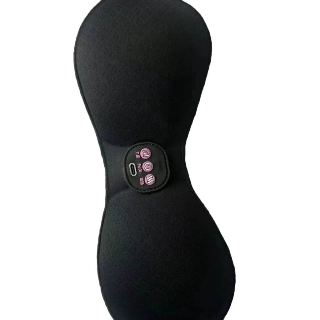 Black electric massage bra inner cushion with adhesive chest stickers and a 3-key control panel.
