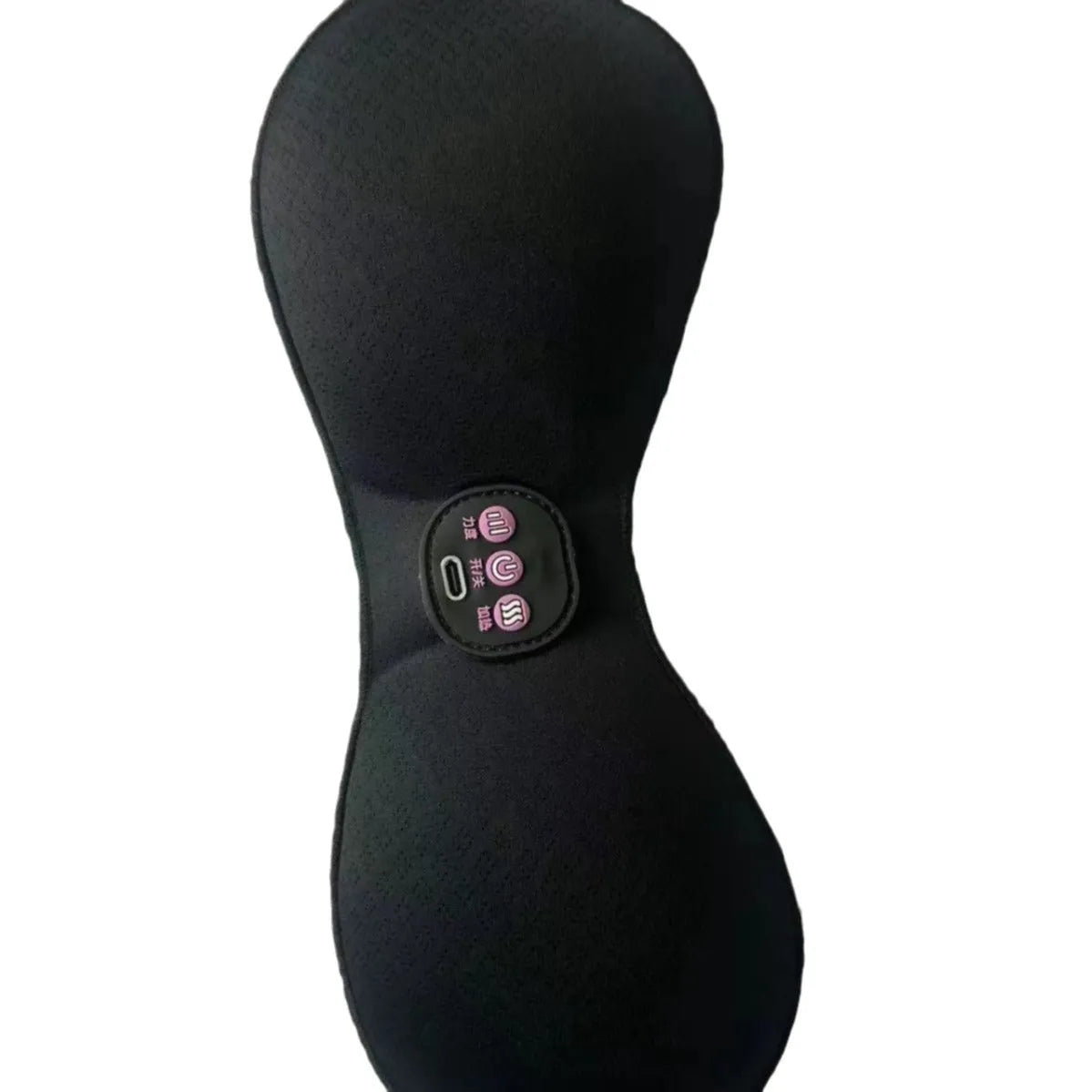Black electric massage bra inner cushion with adhesive chest stickers and a 3-key control panel.