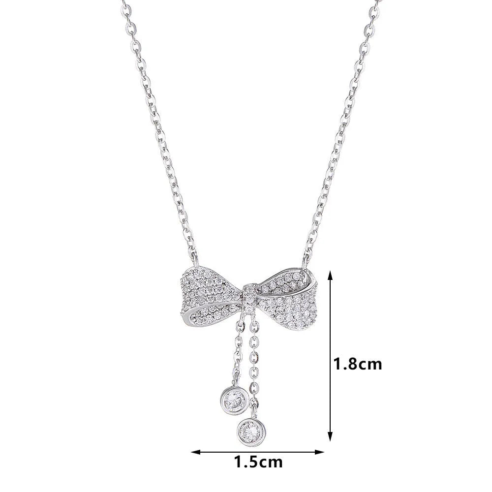 S925 sterling silver bow pendant necklace on O-ring chain, 40-45cm adjustable length