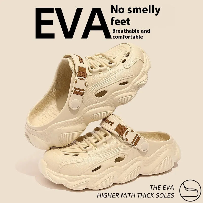 Men's khaki EVA outdoor slippers with hollow-out design on a stone patio.