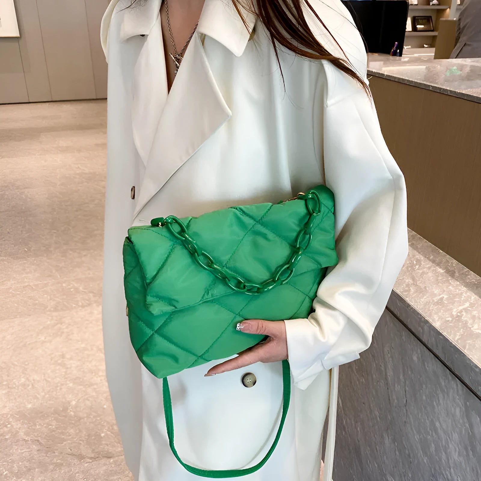 Nylon handbag with chain diagonal cross texture diamond grid, horizontal square shape, available in four colours
