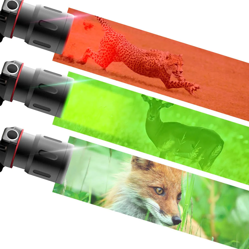 T6 LED headlamp with zoomable head showing white, green and red light options