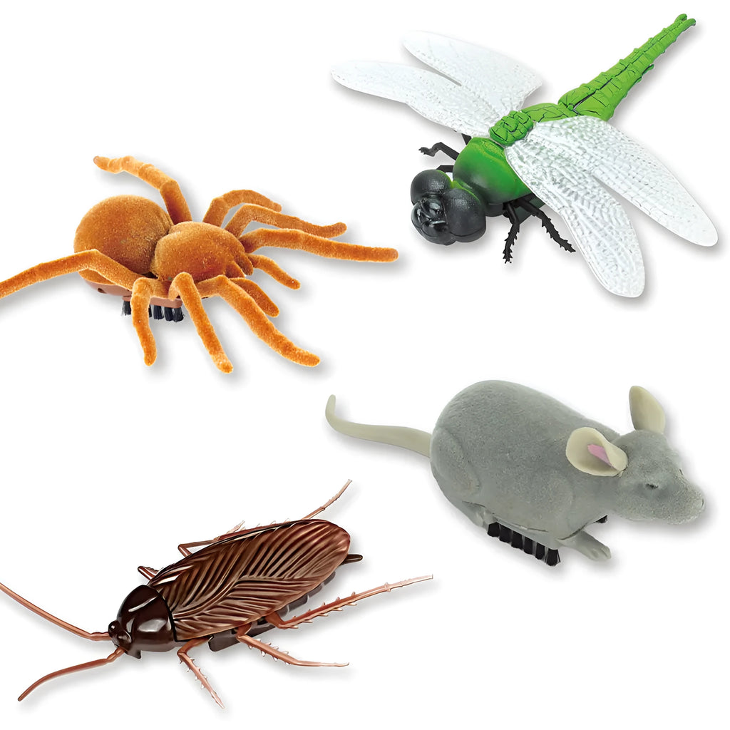 Electric vibration pet toy in cockroach, dragonfly, tarantula, or mouse design showing brush walking simulation