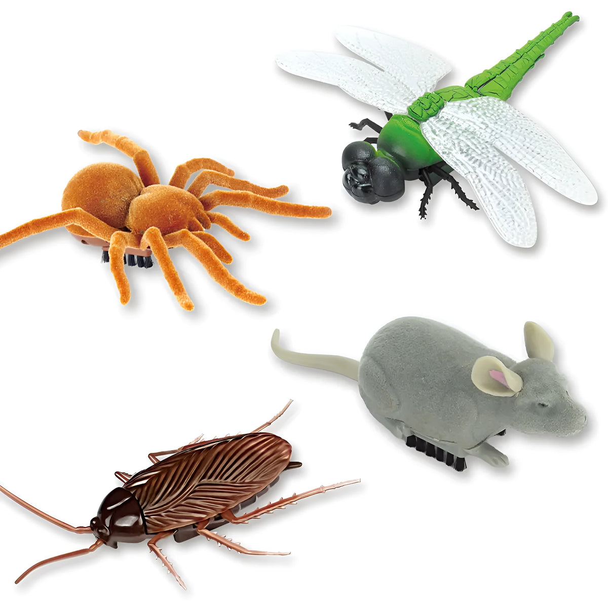 Electric vibration pet toy in cockroach, dragonfly, tarantula, or mouse design showing brush walking simulation